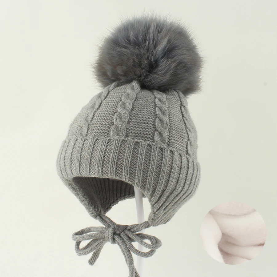 Winter Baby Hat Echte Fell Pompon Beanie Nette Motorhaube Fleece Futter Ohr Schutz Jungen Mädchen Kappe Warme Häkeln Hut Für kinder – Detail 17