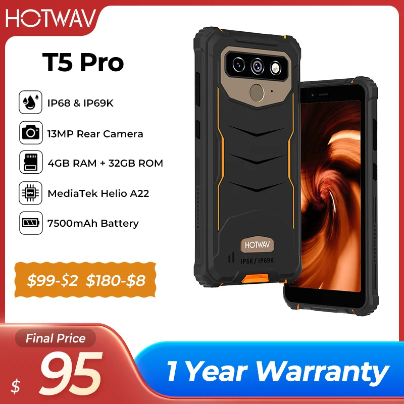 

HOTWAV T5 Pro Rugged Smartphone Android 12 OS 4G 7500mAh Massive Battery MTK6761 6.0 Inch Screen 4GB 32GB 13MP Main Camera