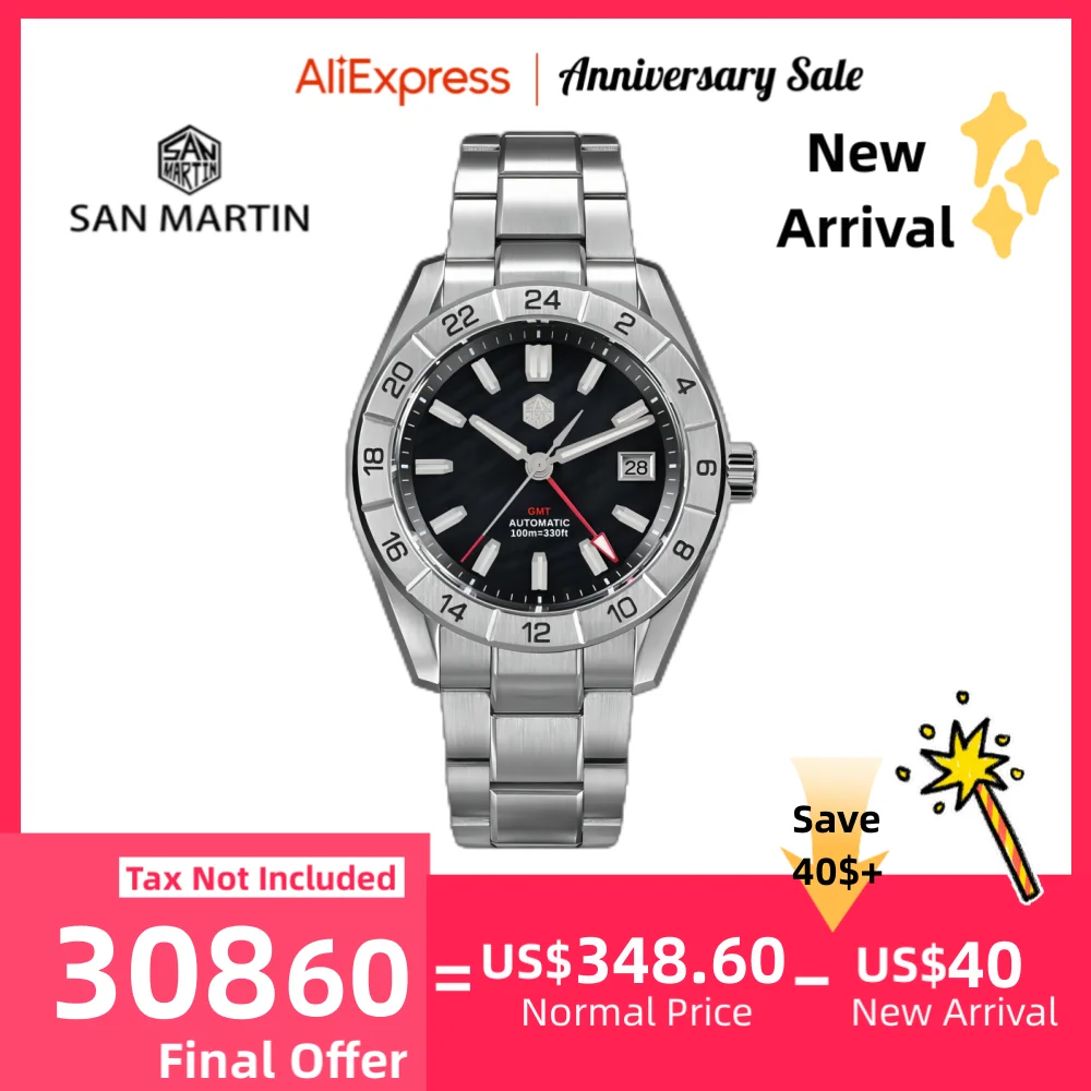 San Martin 42Mm Orologio Da Uomo Nh34 Gmt Natural Mop Dial 3H Date Swim Automatic Sapphire Bgw-X1 Blue Luminous Dress Reloj Sn0130