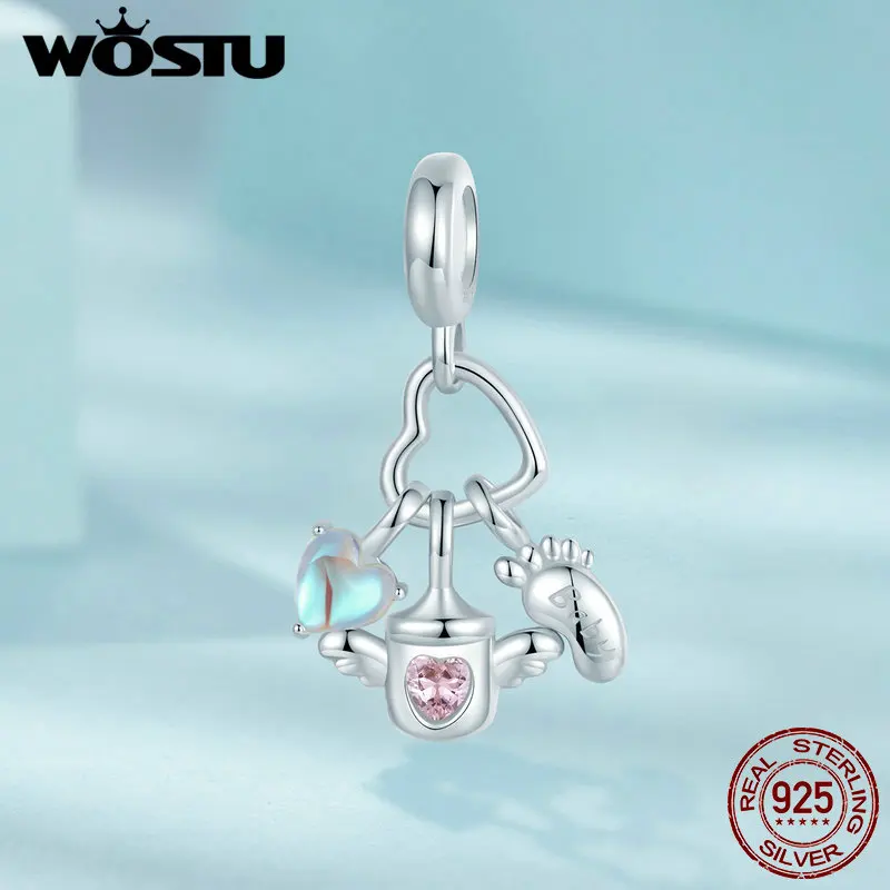 WOSTU 천사 병, 발 펜던트, 치아 비즈 핏, 오리지널 팔찌, DIY 목걸이, 엄마 딸 선물