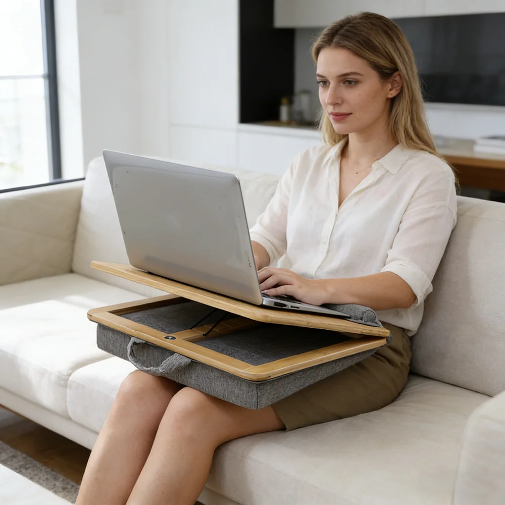 부드러운 쿠션이 있는 대나무 노트북 스탠드, 소파/침대용 각도 조절 가능한 랩 데스크, 가정 사무실용 휴대용 컴퓨터 테이블