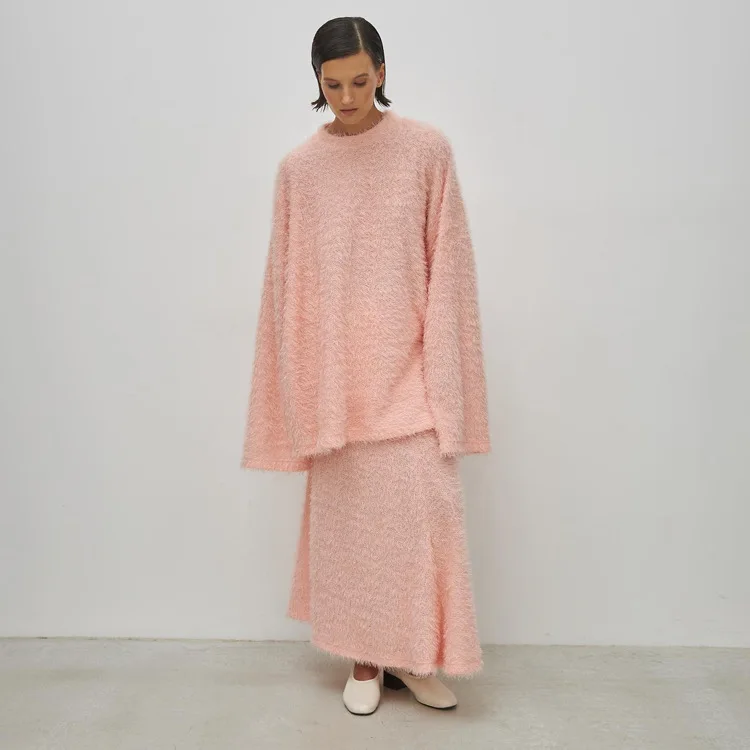 TRAUXY Autumn Winter Plush Knitted Suit Women's Long Sleeve O-Neck Pullover Top Long Skirts Two Piece Sets Solid Female Elegant