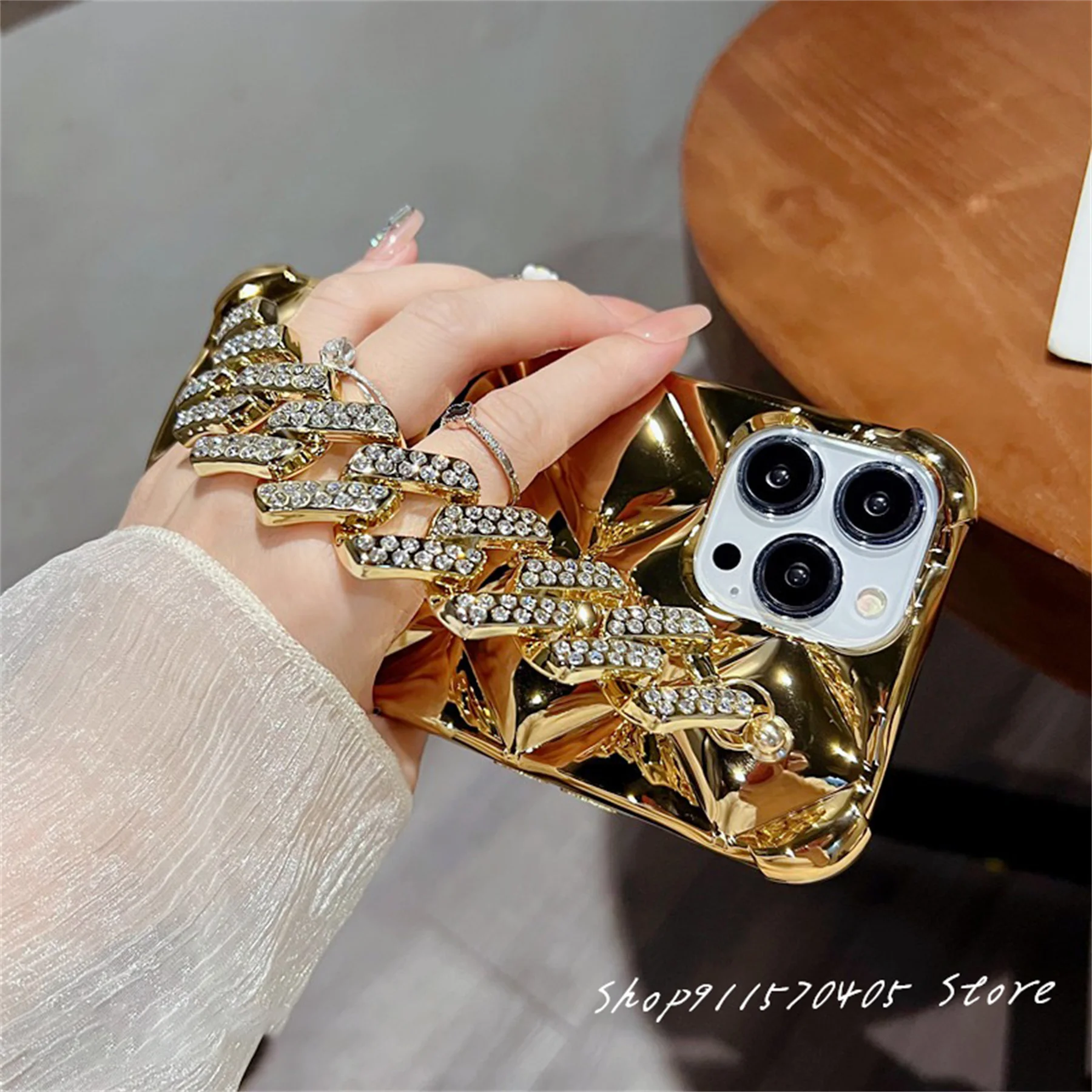 Luxury Korean Plating Rhombus Glitter Rhinestone Crystal Bracelet Chain Phone Case for iPhone 11 12 13 14 15 Pro Max Back Cover