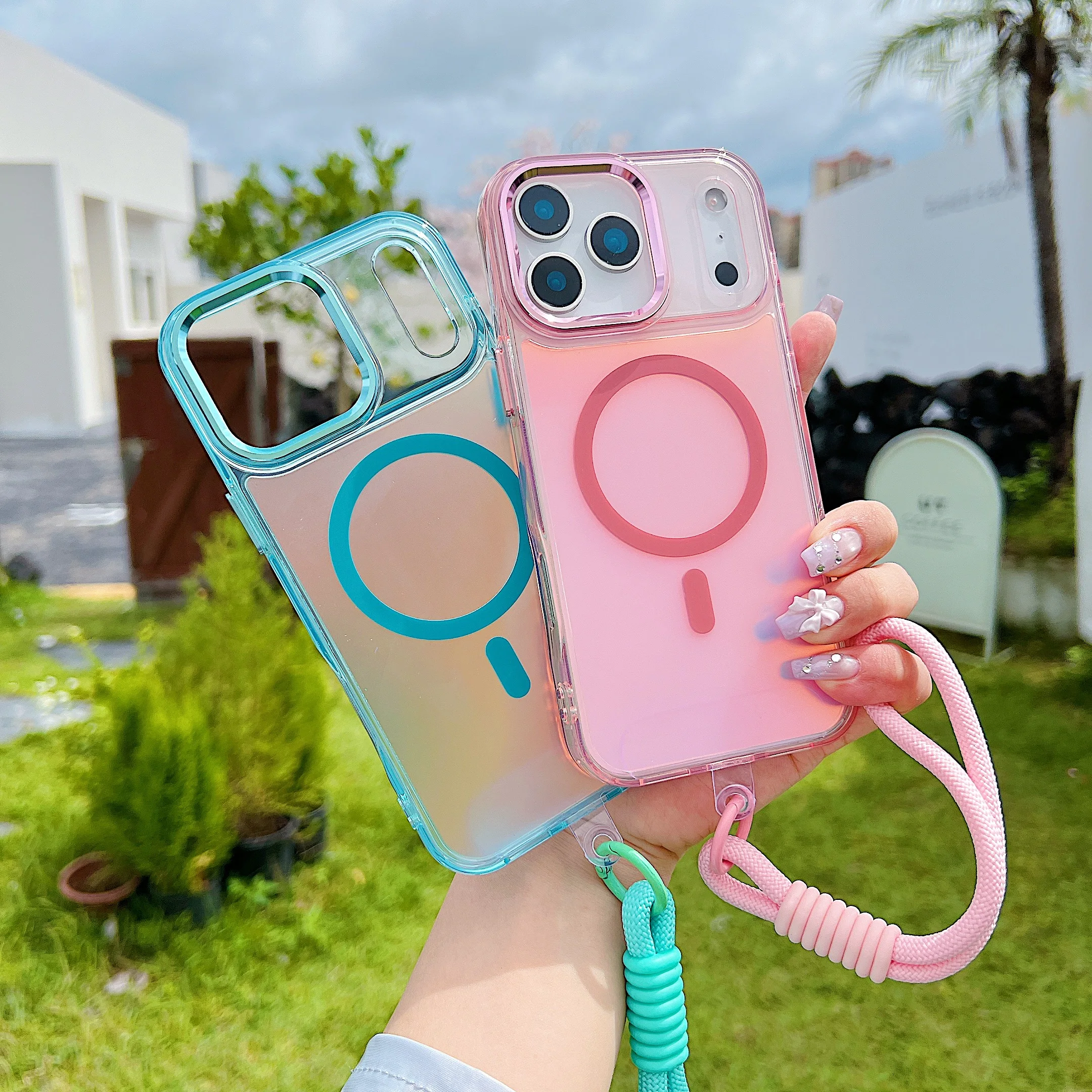 Fashion Laser Gradient Clear Magnetic Lanyard Shockproof Magsafe Phone Case