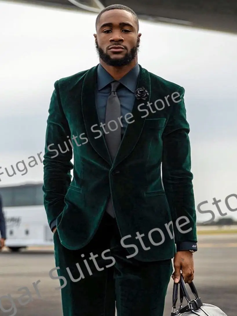 

Fashion Velvet Dark Wedding Men Suits Slim Fit Shawl Lapel One Button Groom Fromal Tuxedos Business Male Blazer Costume Homme