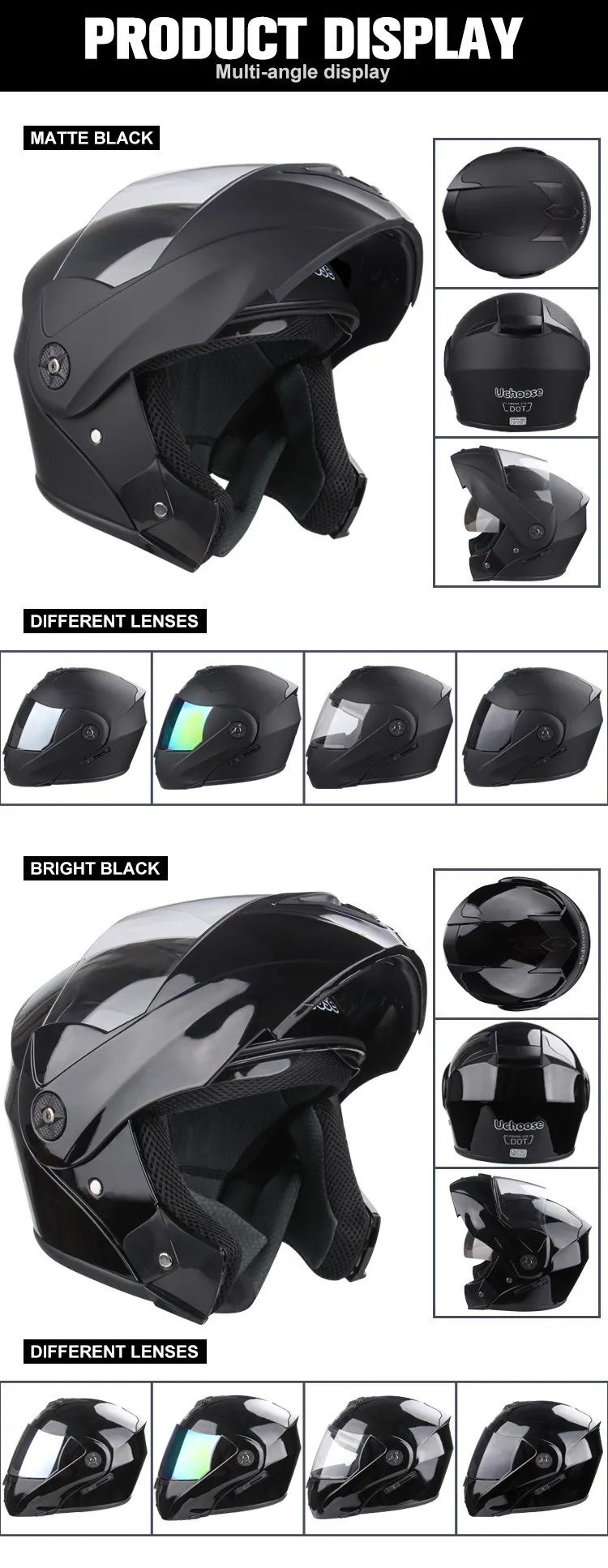 Uchoose Unisex Motorcycle Helmet DOT Certification Double Lens Cross Section Helmet Safety Modular Flip Helm Helmet With Visor