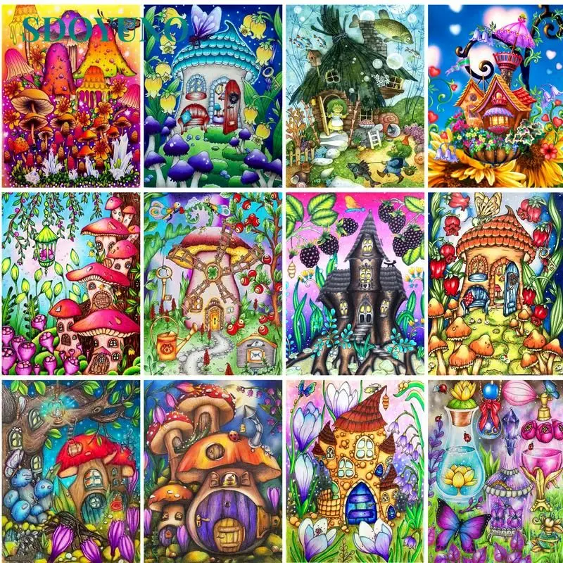 

SDOYUNO DIY Pictures By Number The mushroom house Kits Painting By Numbers Scenery Hand Painted Picture Art Drawing On Canvas Gi