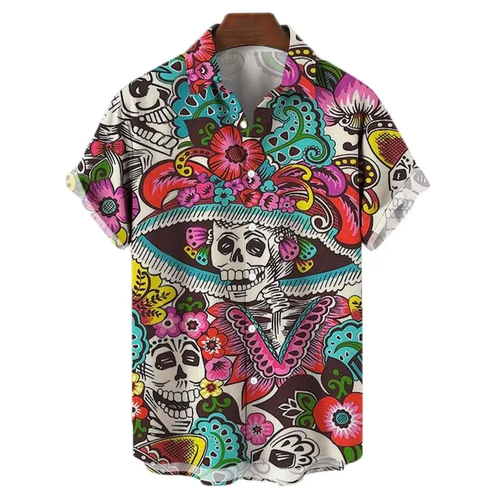 3d Skull Thriller Party Shirts Men's Casual Oversized Shirts Streetwear Beach Tops Short Sleeve Shirts Fashion Shirts