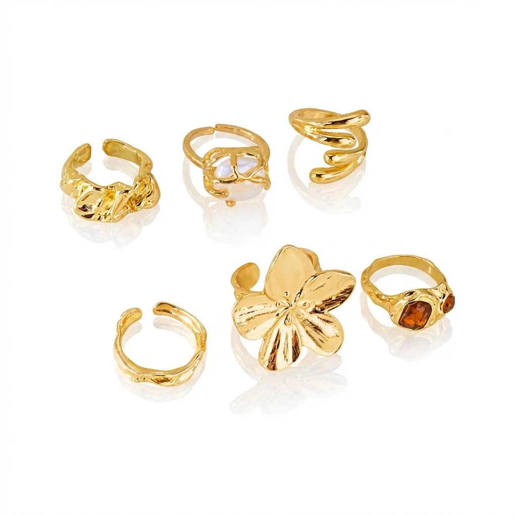 Elegant Gold-Tone Ring Set with Faux Pearls and Abstract Floral Design