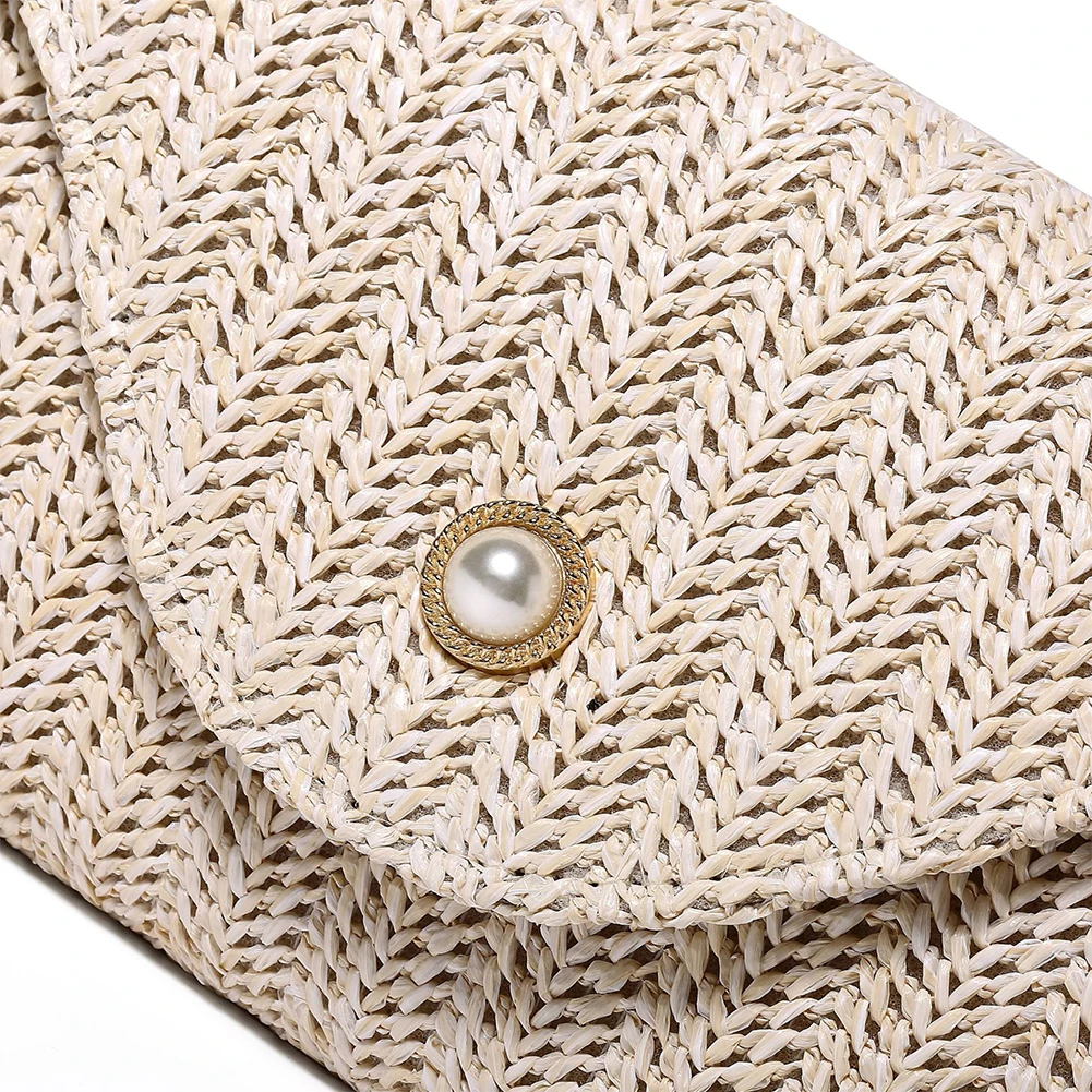 Women Straw Woven Bag Fashion Shoulder Bag Chain Strap Straw Clutch Purse Pearl Decor Stylish Crossbody Bag Outdoor Travel Bag