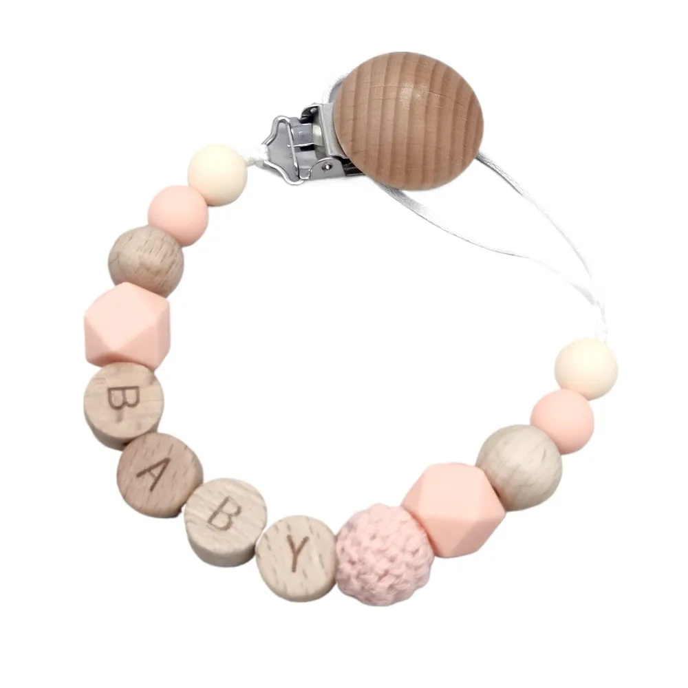 Personalized Name Pacifier Clips Wooden Flat Beads Handmade Toddler Teething Soother Chain Nipple Clip Dummy Holder
