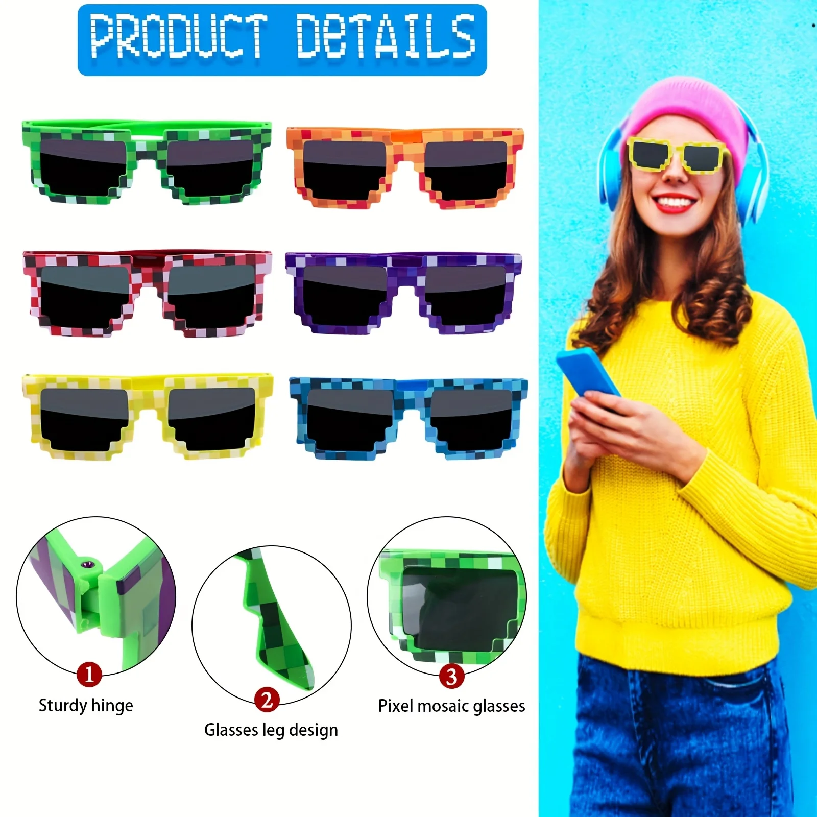 1-12Pcs Pixel sunglasses Retro Pixel glasses Adult boys and girls Photo props birthday party supplies Best Sellers In Accessories