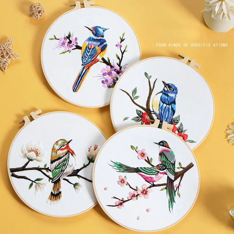 Embroidery Kits Chinese Wind Bird Flower Pattern with Instruction Needle Cloth for DIY Craft Home Decor