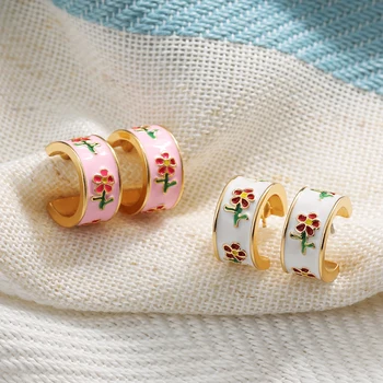 Vintage Cute Flower Earrings for Women New Trendy Open Circle Enamel Flowers Small Hoop Earrings Fashion Jewelry Gift
