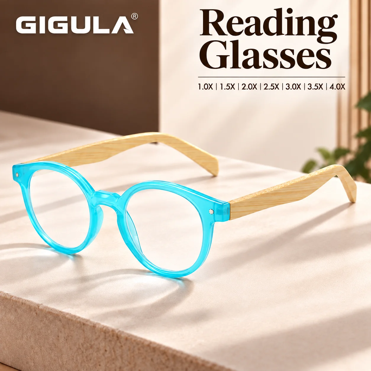 Elegant Transparent Green Frame Reading Glasses with Wooden Texture Temple and Blue Light Filter