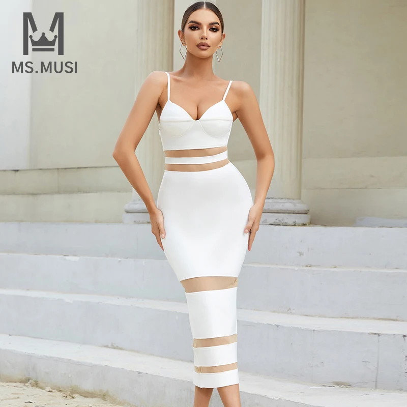 

MSMUSI 2023 New Fashion Women Sexy Strap Lace Mesh Hollow Out Sleeveless Backless Bandage Party Club Bodycon Event Midi Dress