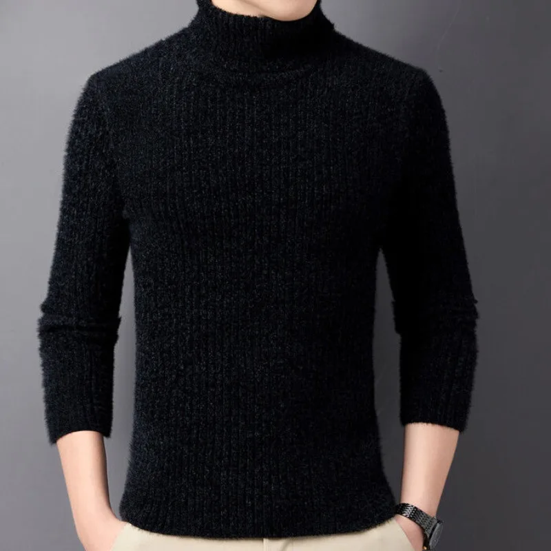 2023 Autumn Winter New Men Imitation Sable Velvet Casual Turtleneck Bottom Shirt Young Short Thick Warm Fashion Pullover Sweater