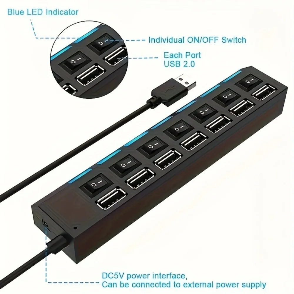 7포트 USB 2.0 허브 어댑터 (LED 표시등 포함, 개별 켜기/끄기 스위치, 고속 USB 분배기, USB-C 장치 OTG 연결)