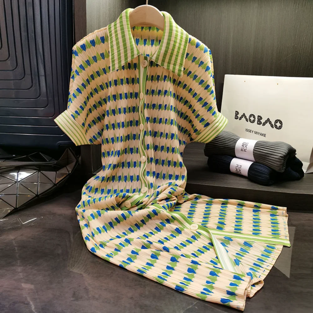 

New 2023 Summer Miyake Simple Fashion Dresses Office Ladies Casual Loose Women's Dress Single Breasted A Line Skirt Clothing