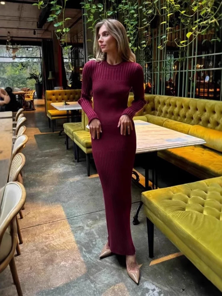 Wmstar Dress Women Wholesale Long Sleeved Autumn Winter Sweater for Knitted Round Neck Striped Solid Color Tight One Piece 2025