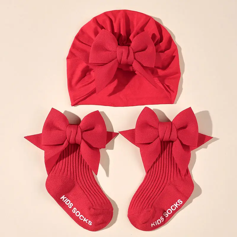 2pcs/set Baby Bow Hat with Socks Suit Newborn Boys and Girls Socks Cap Set Short Tube Sock+ Turban Hat for Autumn Spring H446