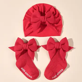 2pcs/set Baby Bow Hat with Socks Suit Newborn Boys and Girls Socks Cap Set Short Tube Sock+ Turban Hat for Autumn Spring H446