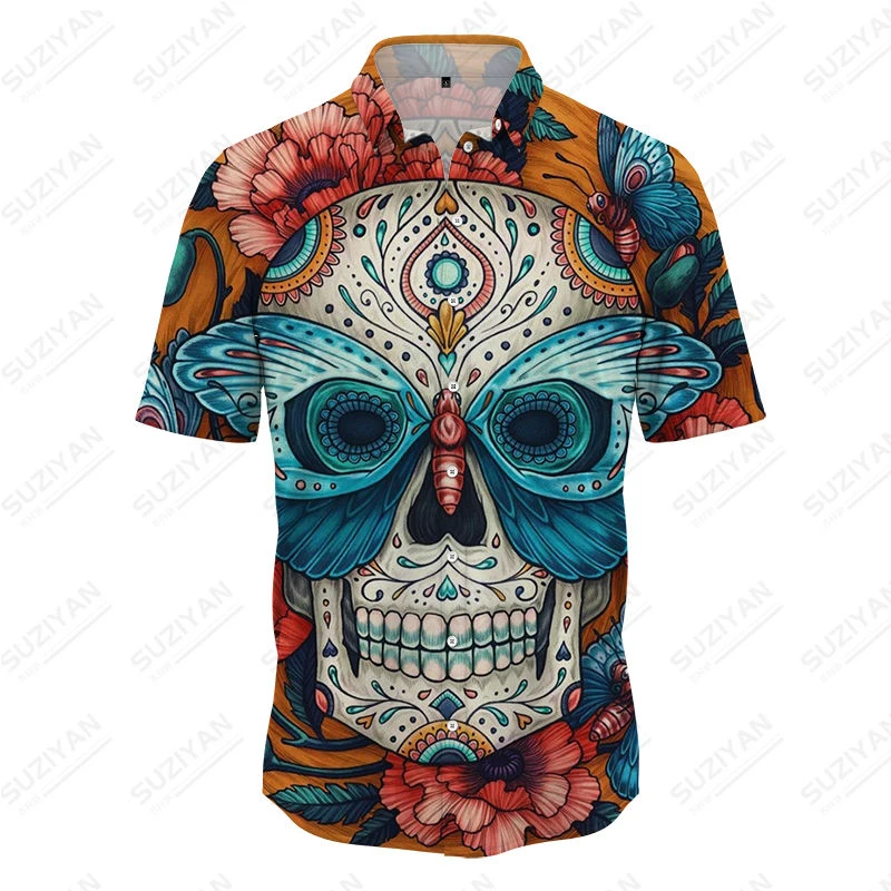 

3D Print Skull Hawaiian Shirt Summer Short Sleeve Button Cardigan Men's Shirt Relaxed Casual Large Short Sleeve Top Summer Cool