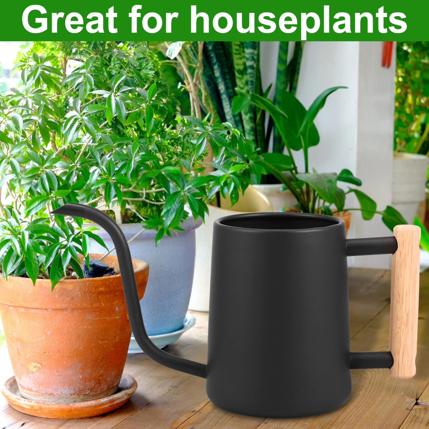 Elegant and stylish stainless steel 1L watering can with long spout and ergonomic wooden handle, perfect for precise watering of