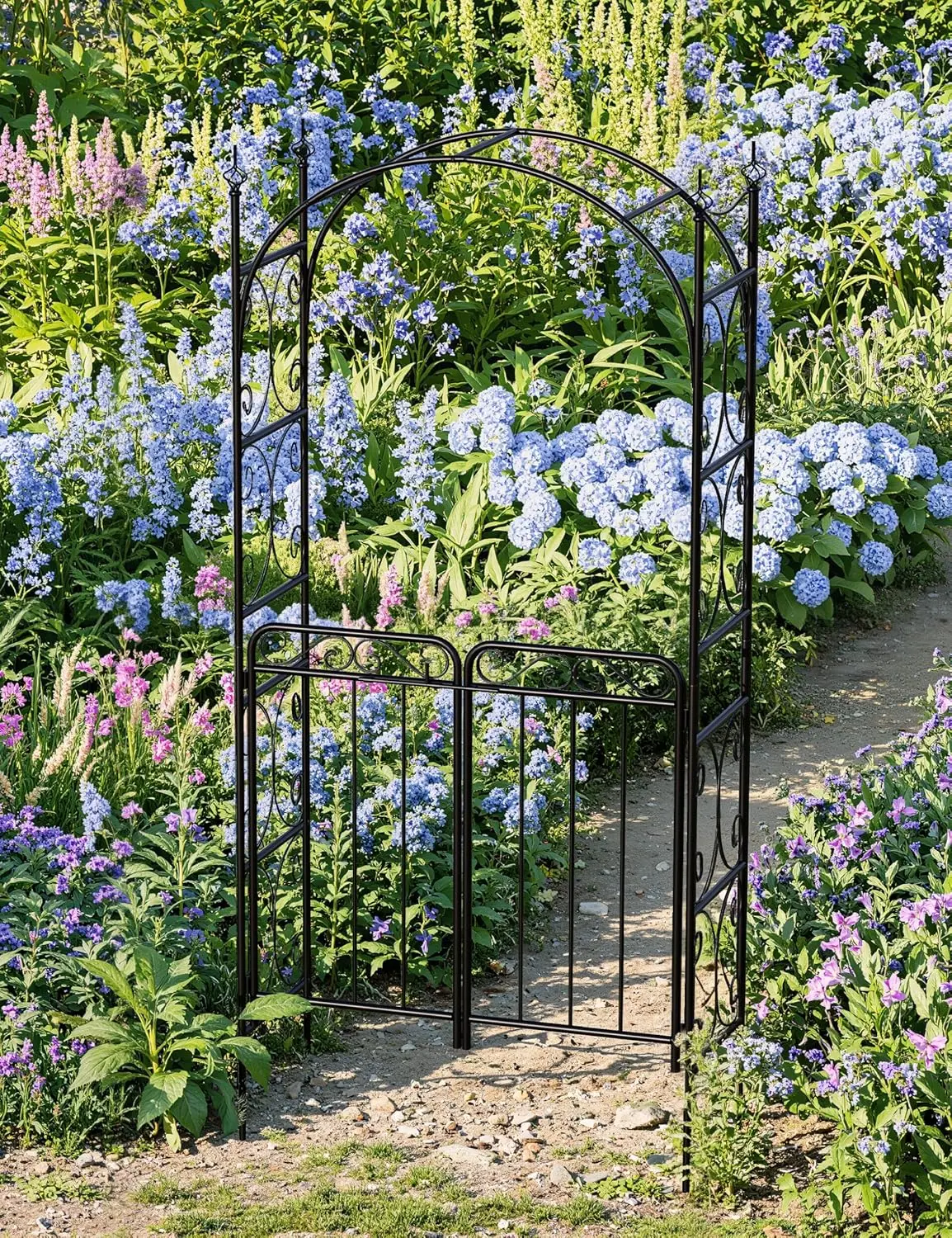 8 ft Metal Garden Arch with Gate, Elegant Wedding Archway for Ceremony Decor, Steel Arbor Trellis for Roses, Vines, and Climbing