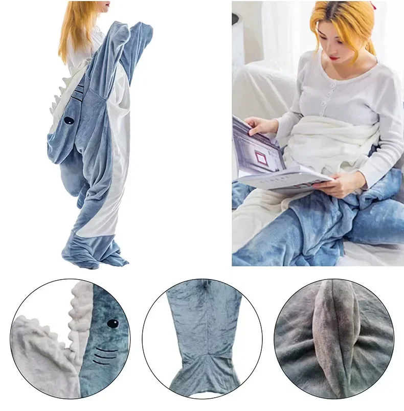 

Cartoon Sleeping Bag Sand Sculpture Shark One-piece Pajamas Flannel Blanket Shark Homewear One-piece Pajamas Blankets for Beds