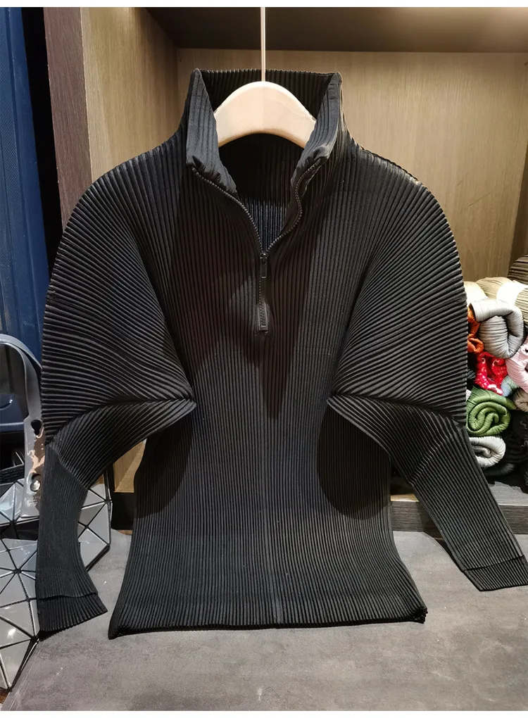 Miyake Pleated Sweatshirt Pit Stripe Zipper Standing Collar Jacket Women 2025 New Casual Pullover Hundred Pleat Skinny Tops