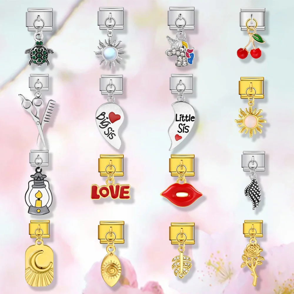 URING Klassischer Charm-Anhänger, Eulenblatt, Flügel, Schildkröte, Mond, Edelstahl-Glieder, passend für 9 mm Armbänder, DIY, italienischer trendiger Schmuck