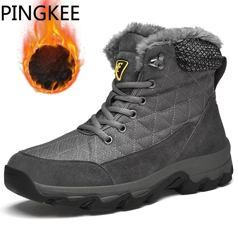 

PINGKEE Men's Waterproof Fabric Upper Bungee Laces Thermal Padded Grippy Casual Winter Snow Hiking Trekking Boots Shoes For Men