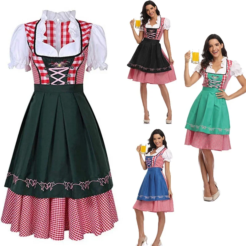 

Новый женский костюм дирндл на Октоберфест, Баварская национальная розовая клетчатая Клубная одежда, косплей, карнавал, Хэллоуин, модное платье