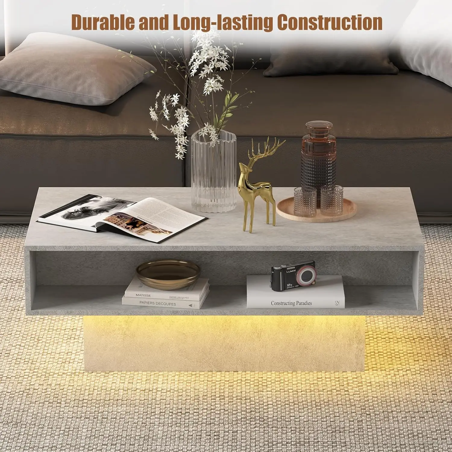 LED Coffee Table with Storage, Rectangular Center Table for Living Room, Modern High Glossy Farmhouse Coffee Table with16 Colors 6