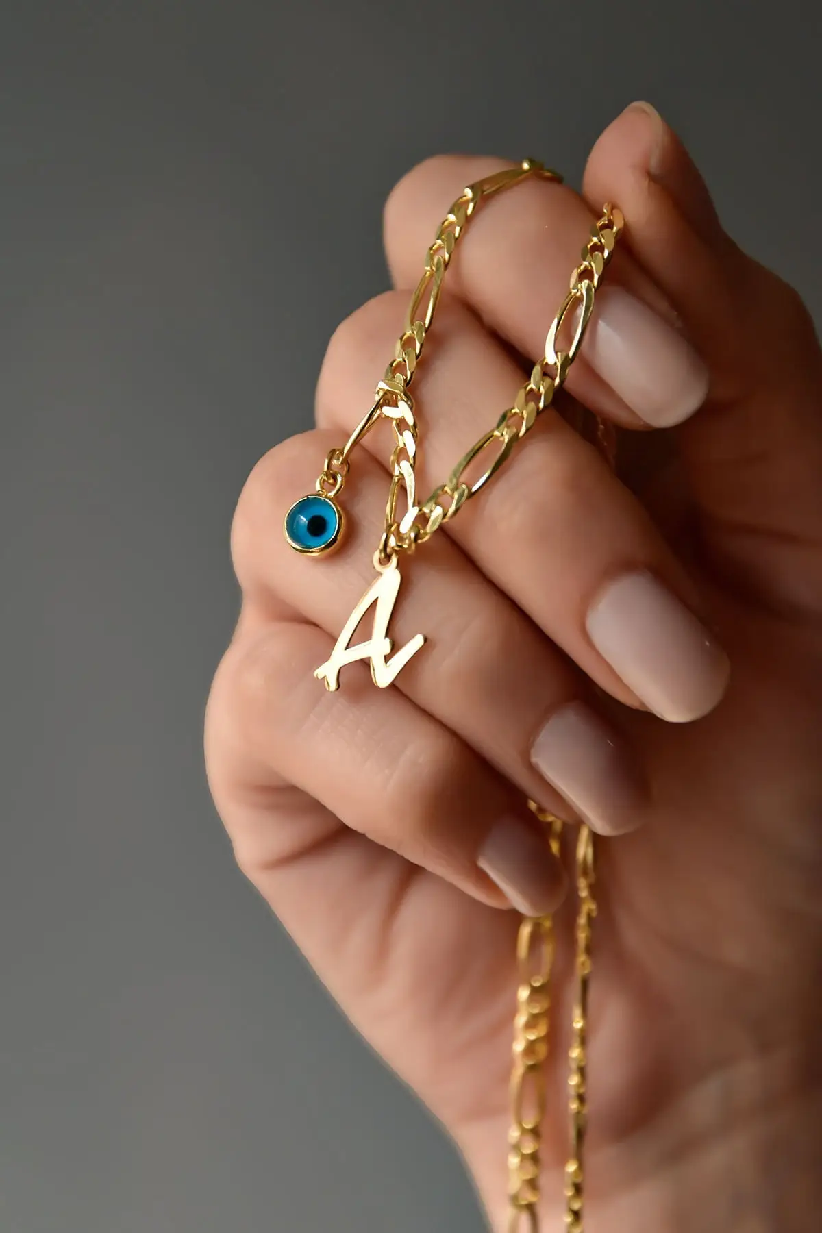 

Women's Gold Plated Figaro Chain Letter Glass Eye Model 925 Sterling Silver Necklace