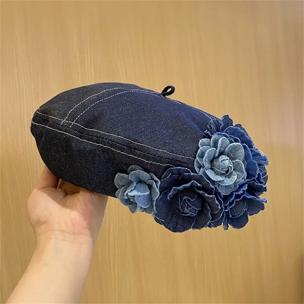 New Denim Color Cotton Painter Hat Camellia Contrasting Colors Fluffy Beret Hat Casual Trendy Flower Beret Cap