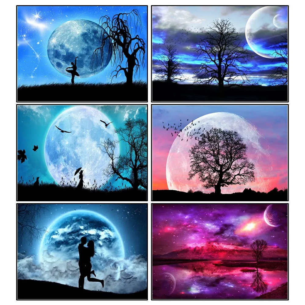 DIY 5D Diamond Painting Round Scenery Cross Stitch Kit Embroidery Moon Tree Picture Mosaic Art Rhinestone Decoration Gift