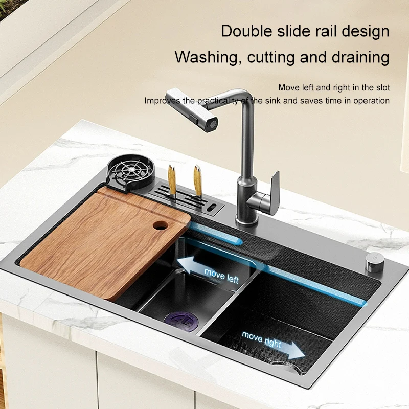 Rotating Waterfall Kitchen Sink Stainless Steel Large Single Slot Embossed Household Washbasin For Kitchen Accessories