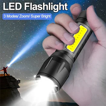 휴대용 미니 LED 손전등, USB 충전식 줌 토치, 강한 빛, 야외 캠핑 COB 램프, 방수 손전등, 3 가지 모드