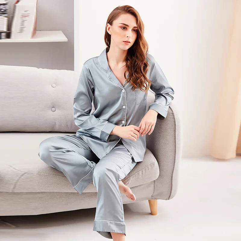 

Spring Summer Silk Like Thin Pajama Fashion Long Sleeve Pants Home Clothing Set Women's Casual Lapel Cardigan Nightgown