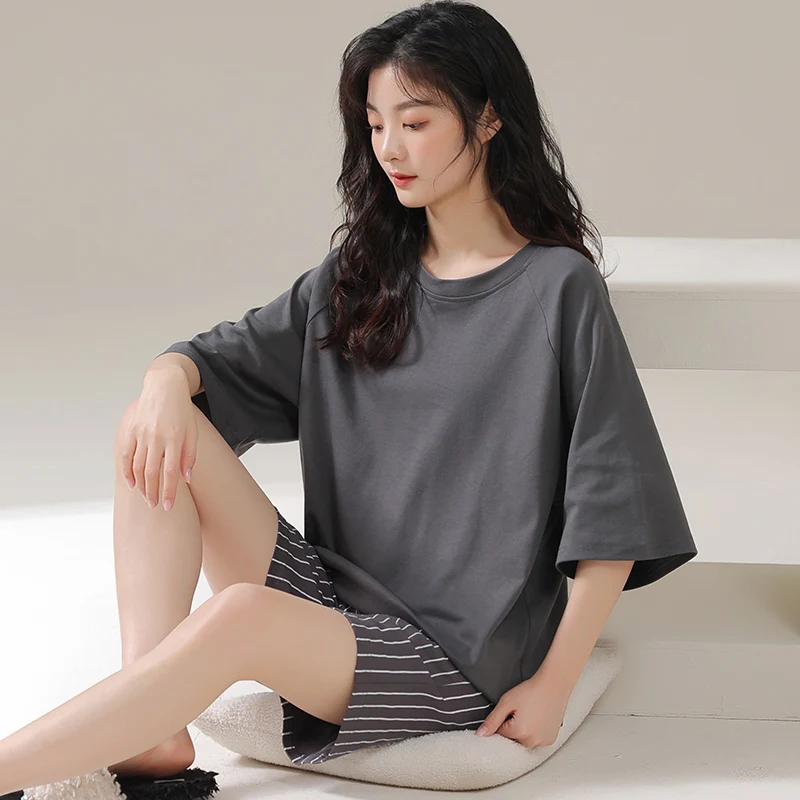 Knitted cotton women's pajamas double short suit 2024 summer new short-sleeved shorts casual simple stripe fashion home suit