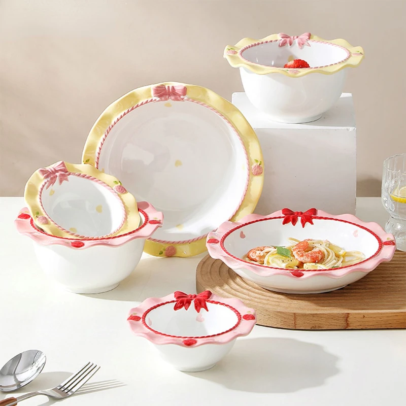 Bow Shaped Ceramic Bowl Plate Set High Beauty Instagram Design Sensory Plate Vegetable Household Japanese Tableware Set