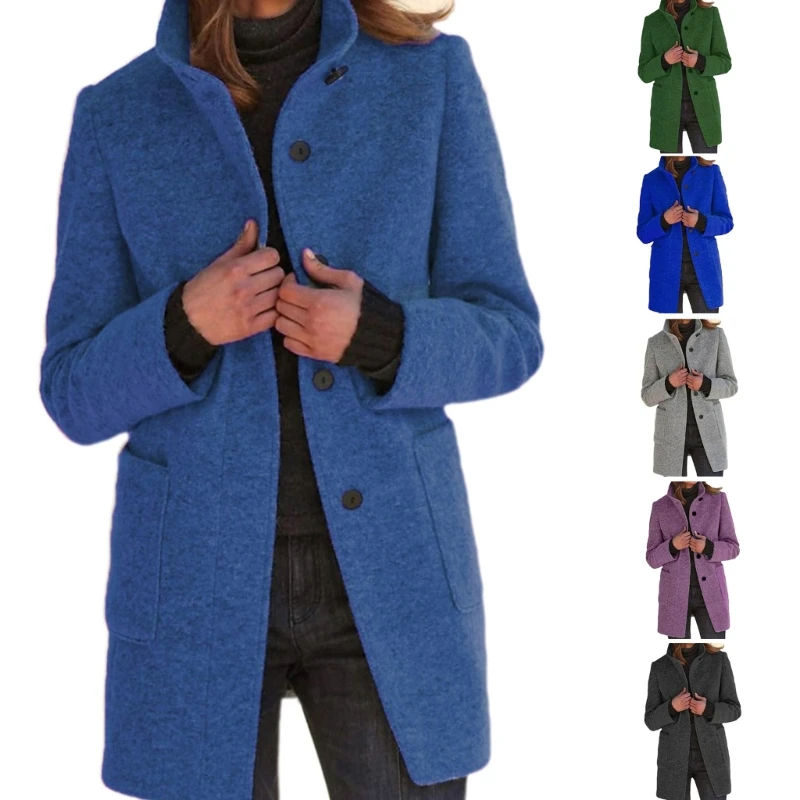 

50JB Trench Coats Women Stand Collar Wool Blend Single Breasted Long Sleeve Jackets