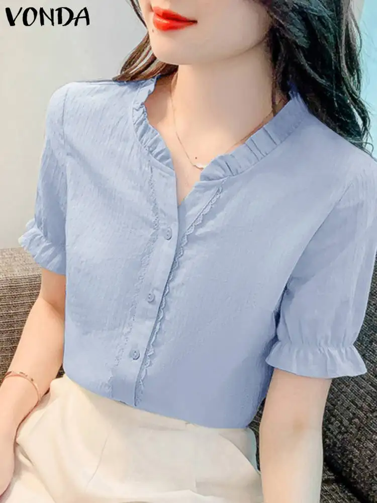 

Women Fashion Shirts Solid Color Sexy Short Sleeve Tops 2024 VONDA Casual Ruffle Blouse Summer V Neck Tops Oversized Blusa Baggy