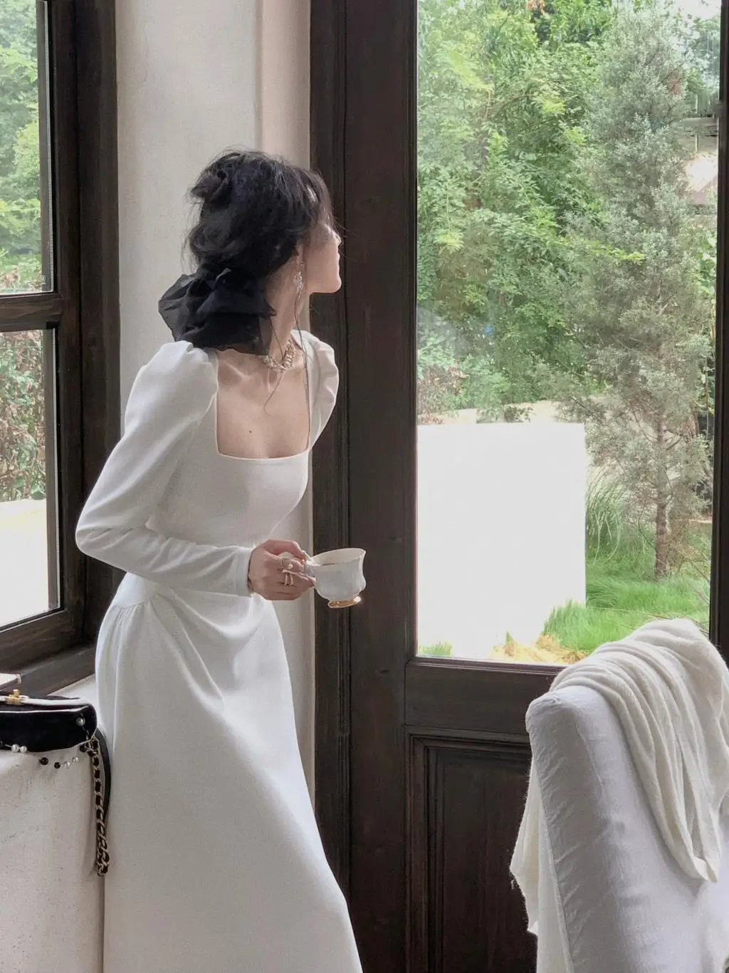 Spring New Elegant Square Collar Midi Party Dresses for Women Long Sleeve Black White Slim Vestidos Female High Waist Clothes