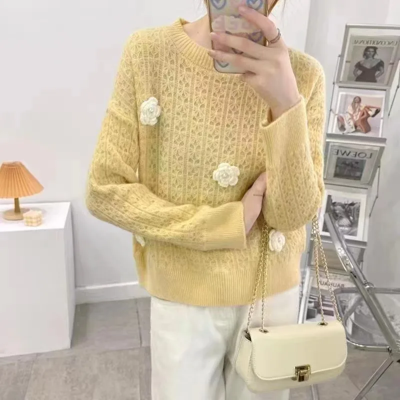 

2022 New Autumn Winter Women Long Sleeve Slim Pullover Sweater High Quality Sweet 3d Flowers Solid Color Knitted Sweater