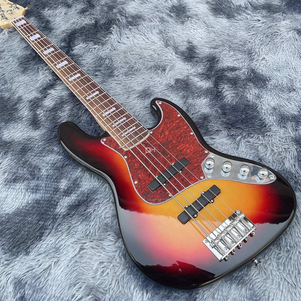 Colore Tramonto Su Misura Di Alta Qualità Jazz 5-String Jazz Electric Bass Maple Headstock Tastiera Intarsiata Con Conchiglie