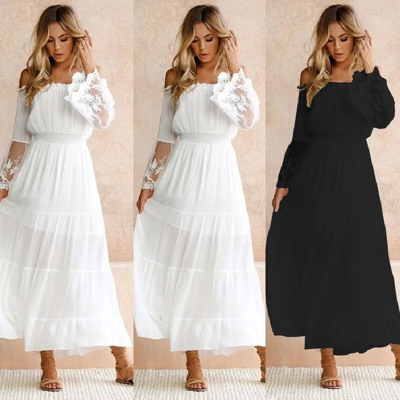 

Summer Sexy One Line Neck Lace Splice Solid Color Long Sleeve Dresses Women's Elegant Maxi Vestido 2023 Robe Femme Kleider Damen