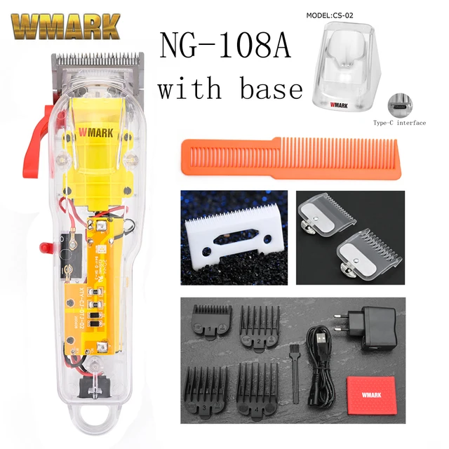 2021 WMARK New Model NG-108 Rechargeable Hair Cutting Machine Hair Clippers Trimmer Transparent Cover White Or Red Base 7300rpm 108A with base